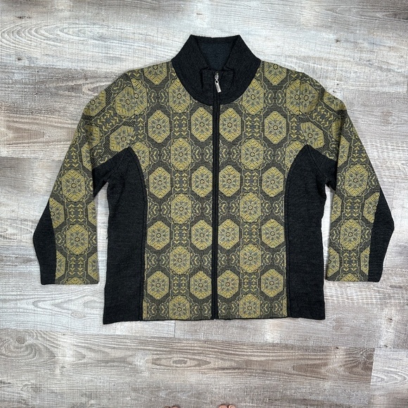 Icelandic Zip Yellow Gray Wool Blend Zip Pockets Women Knit Jacket Sweater Sz 2X - Picture 3 of 12
